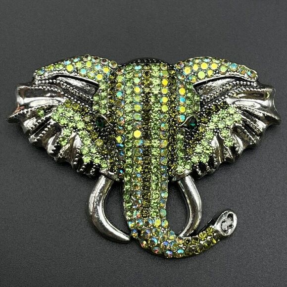 Silver with Emerald Peridot Green and AB Crystal Tusked Elephant Pin Back Brooch - Picture 1 of 10